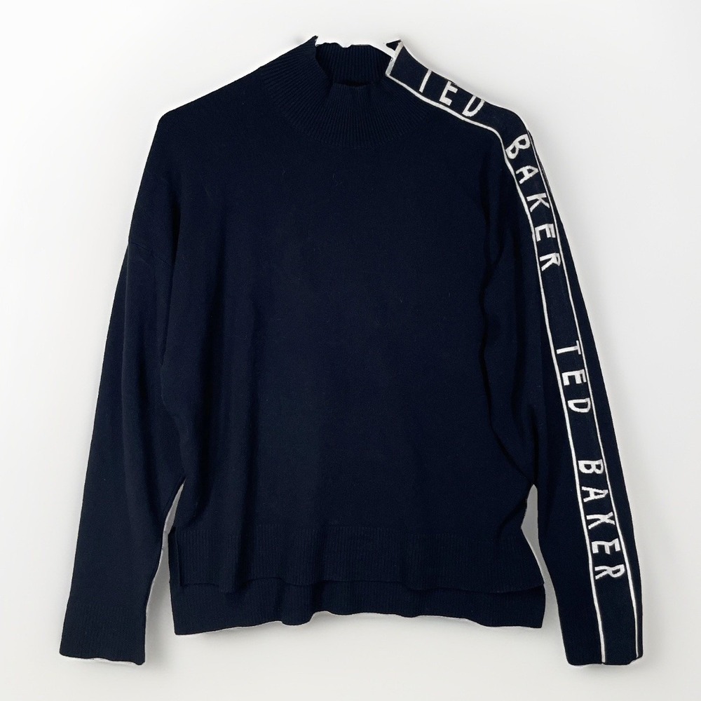 Ted Baker Women's Size 3 US 8-10 Spell Out Logo Sweater Mock Neck Viscose Blend